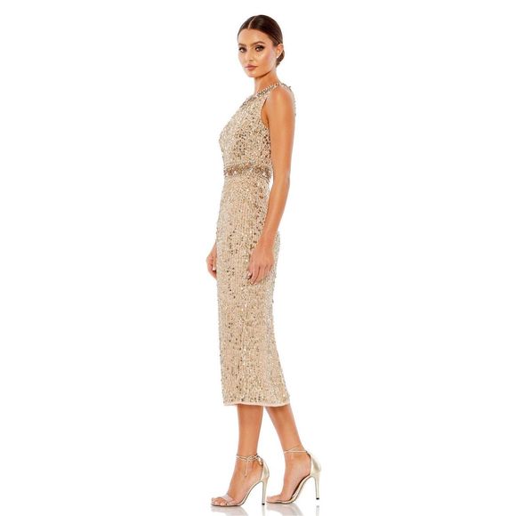 MAC DUGGAL EMBELLISHED SLEEVELESS HIGH NECK MIDI DRESS - Picture 4 of 11